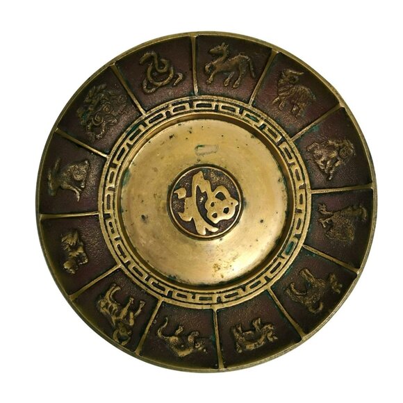 Vintage MCM Brass Chinese Zodiac Trinket Dish, 6" Catch All Coin Jewelry Tray - Picture 1 of 7